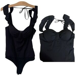 Bebe Ruffle Shoulder Underwire Bodysuit Jet Black Small